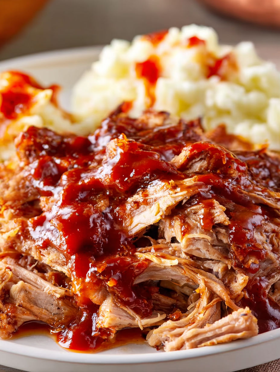 A close up of a delicious oven roasted pulled pork.
