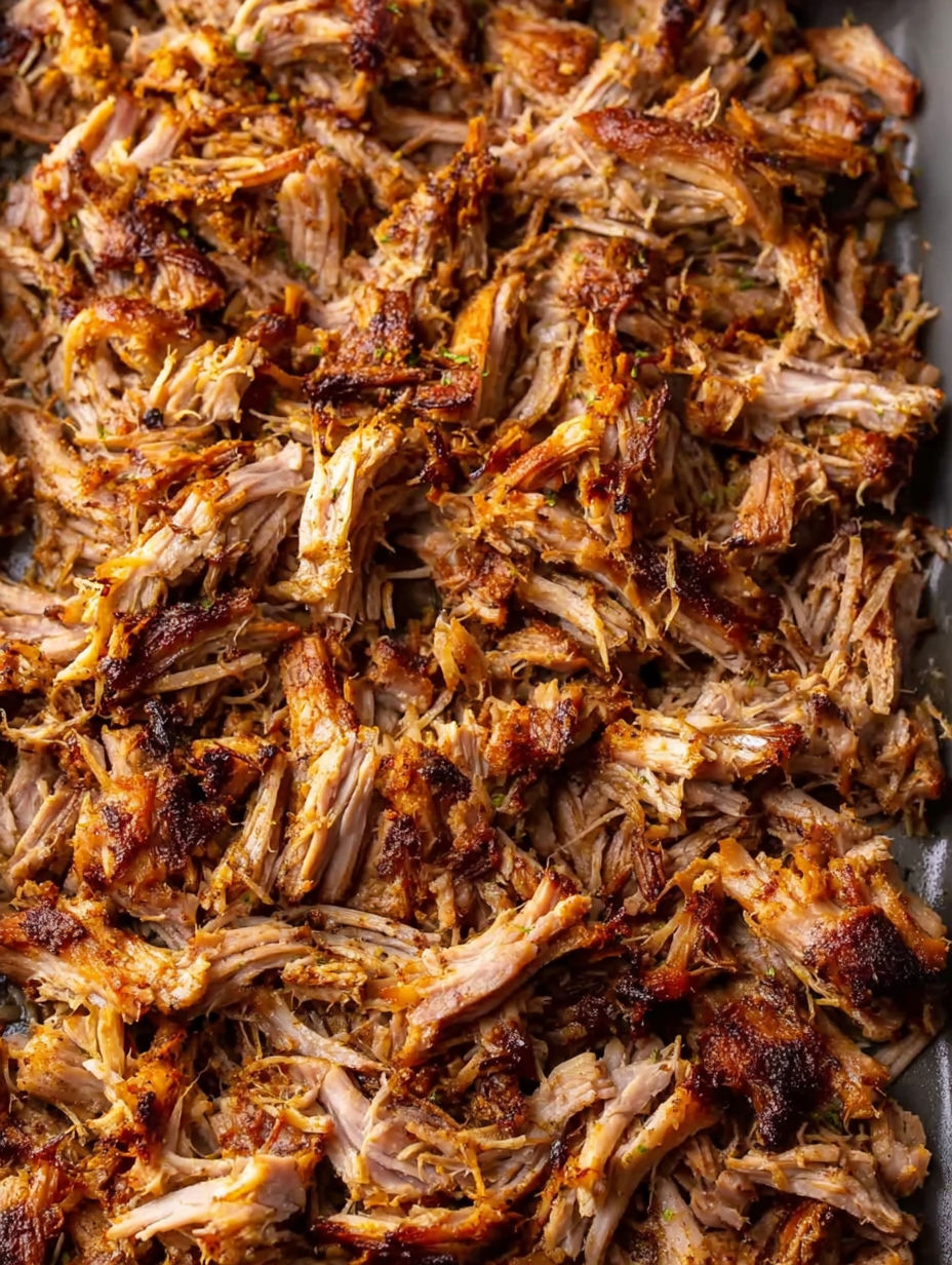 A close up of a delicious oven roasted pulled pork.