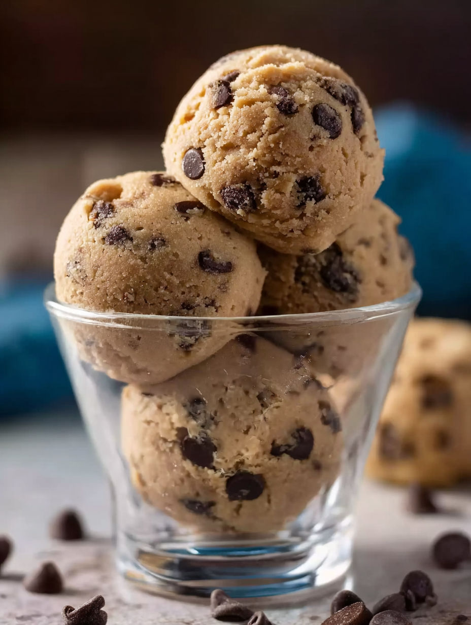 A glass bowl filled with chocolate chip cookies.