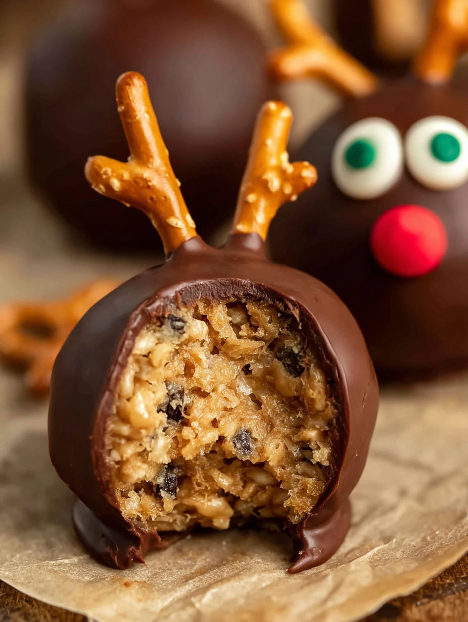 A chocolate covered candy with a marshmallow and a pretzel stick in the shape of a reindeer.