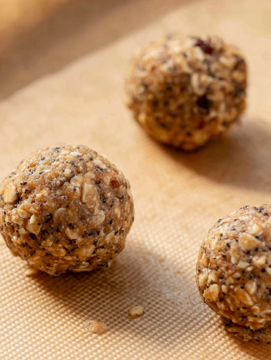 Three balls of granola on a table.