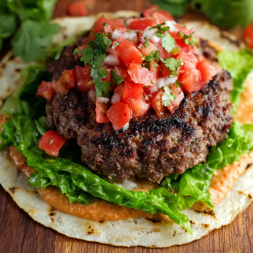 A quesadilla with a burger patty and tomatoes.