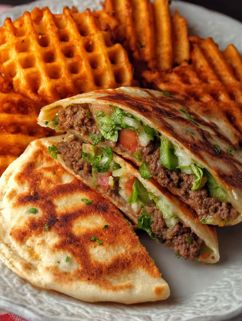 A quesadilla with meat and vegetables.