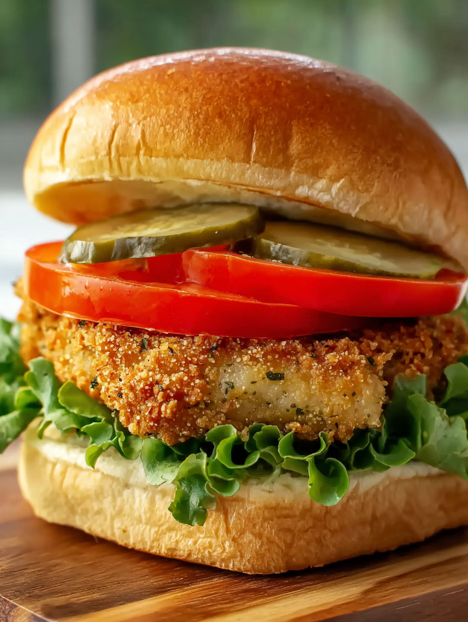 A sandwich with a pickle and tomato on top.