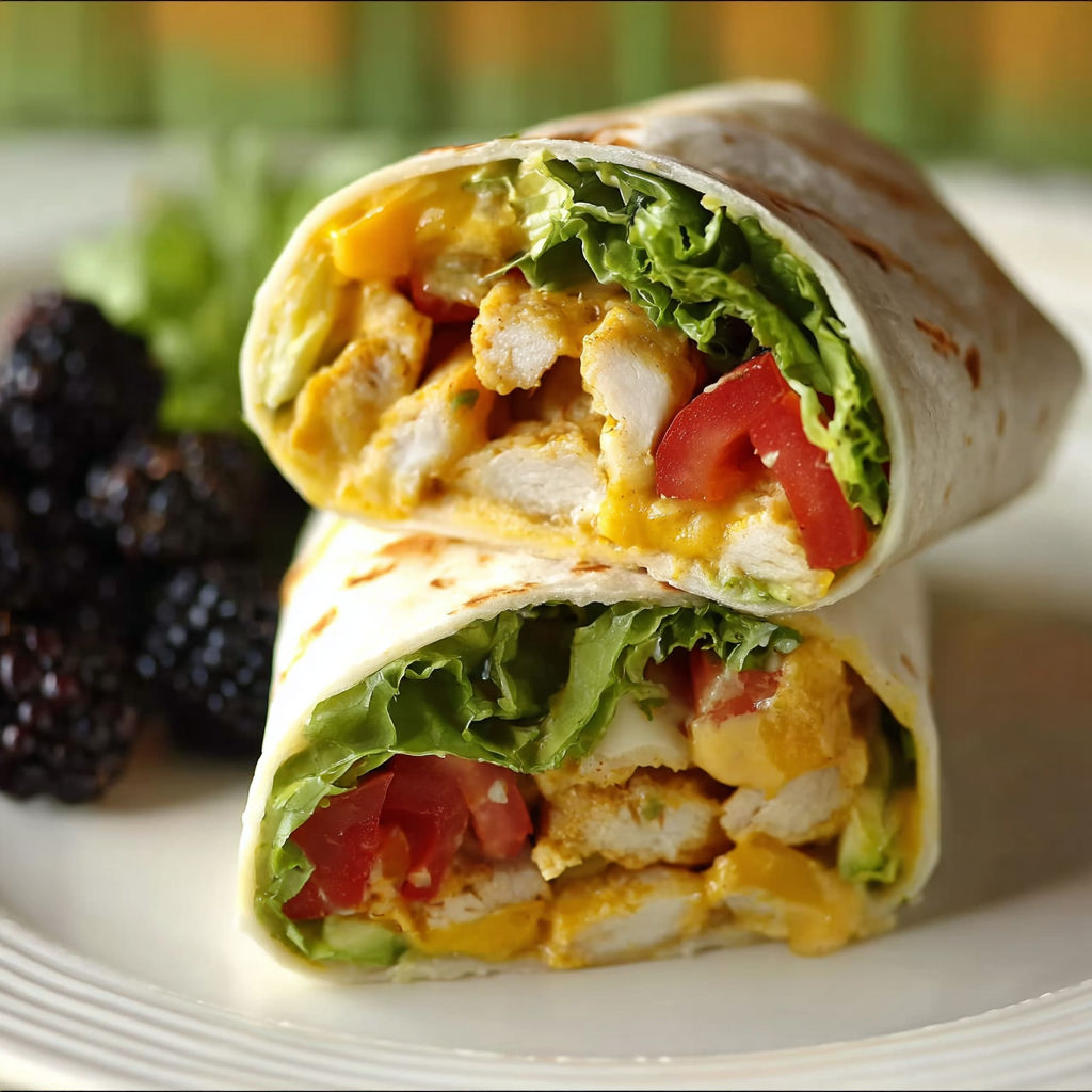 A plate with a wrap and a side of blackberries.