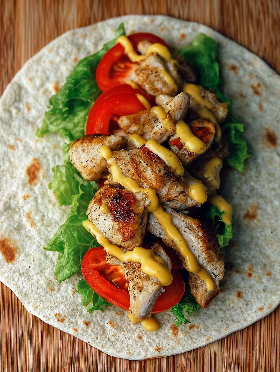 A chicken wrap with tomatoes and honey mustard.