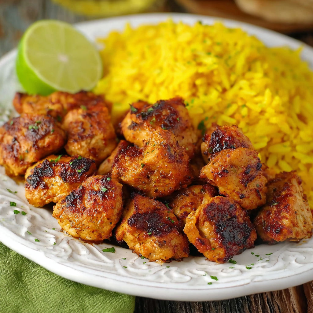 A plate of chicken bites with lime and chili.