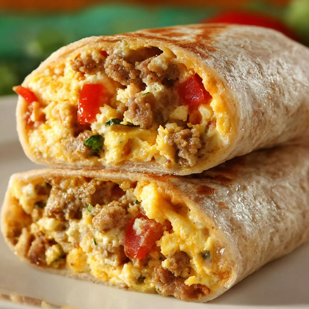Two breakfast burritos filled with turkey sausage and eggs.