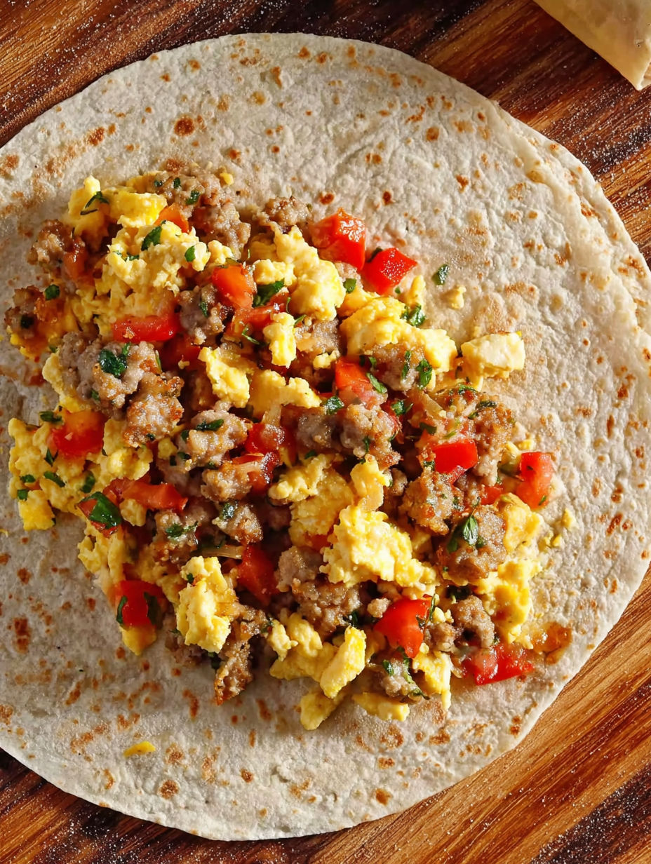 A breakfast burrito with eggs, tomatoes, and meat.