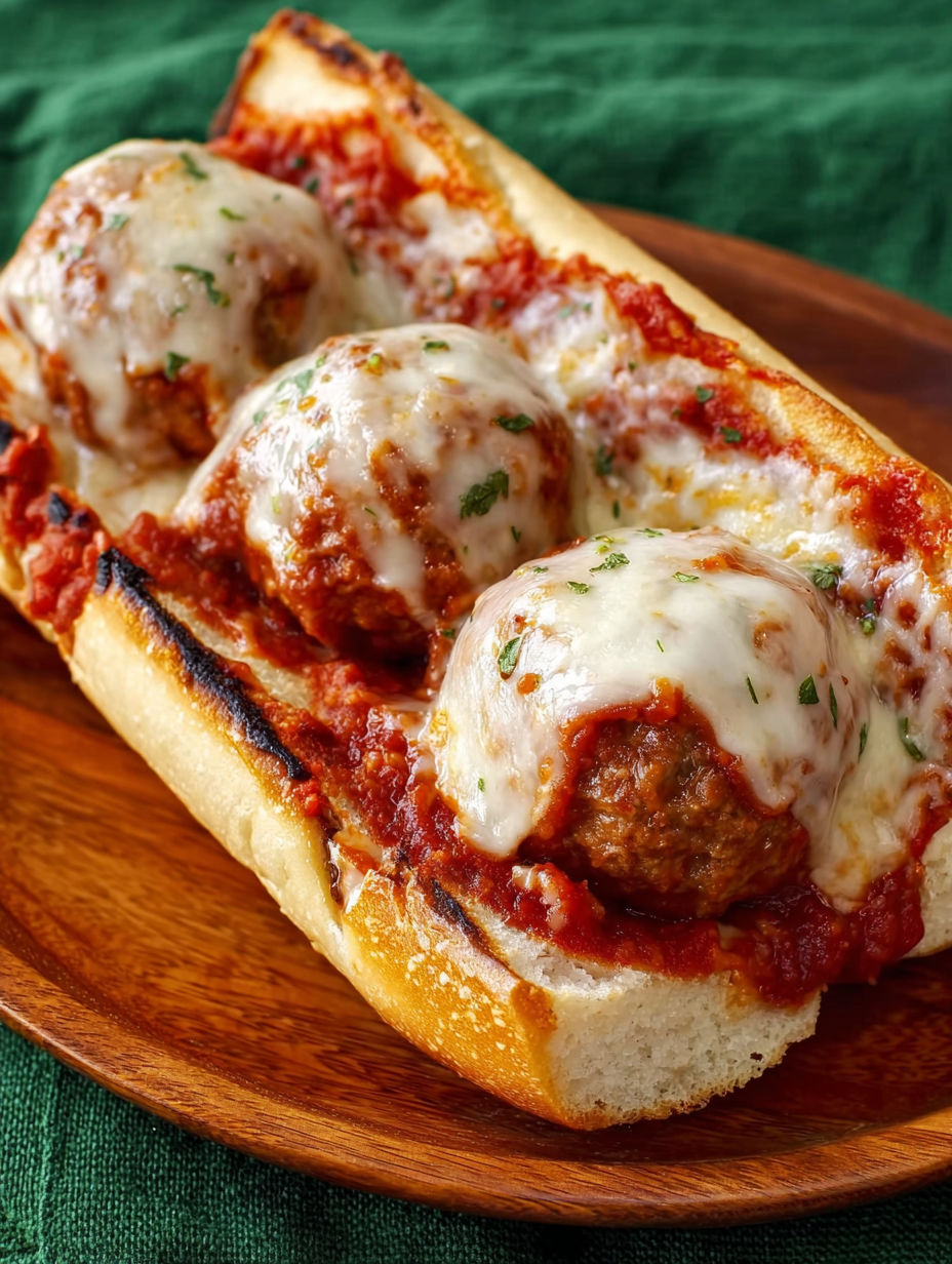 A meatball sub with sauce and cheese.