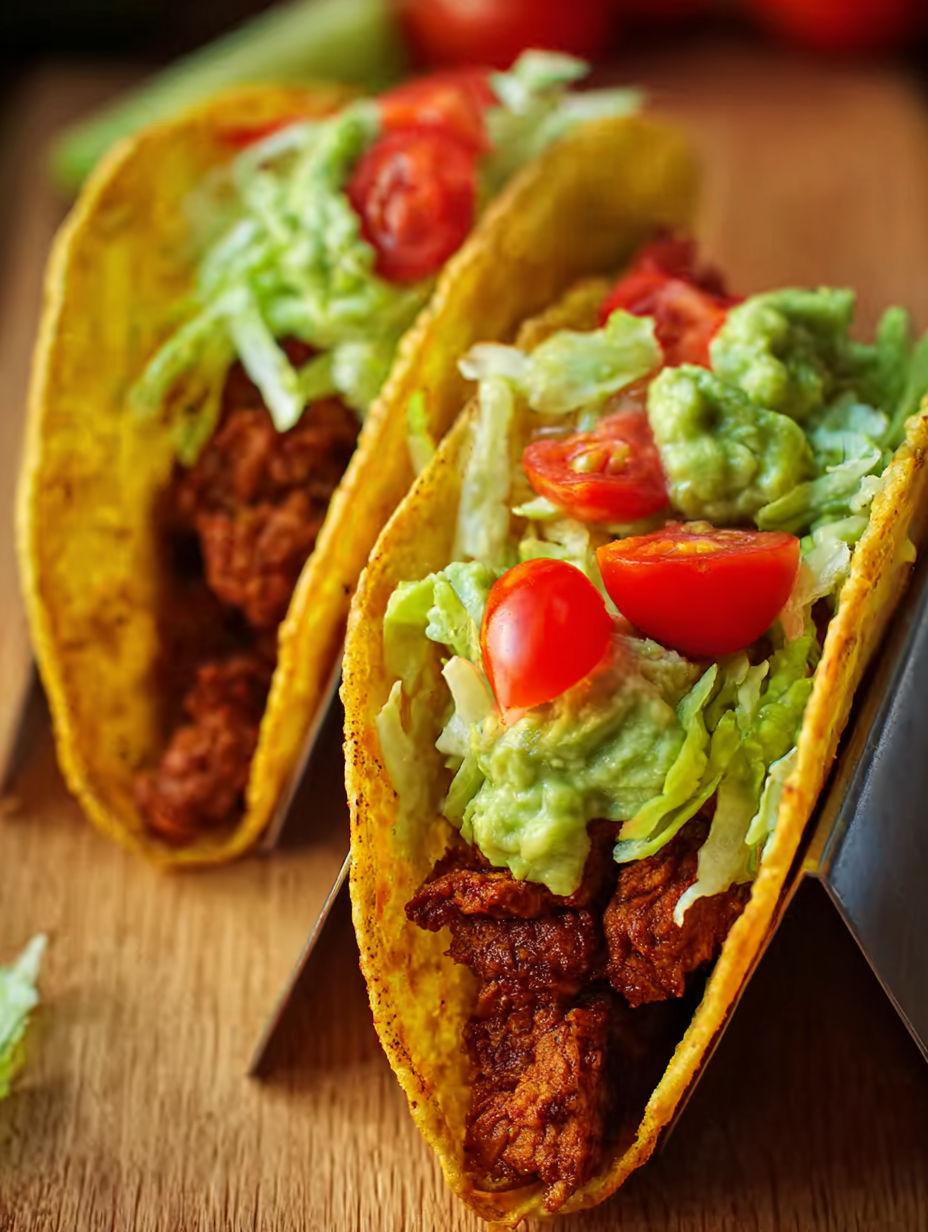 Two chicken tacos with lettuce and tomatoes.