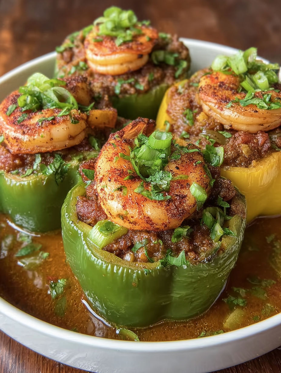 A plate of stuffed peppers with shrimp and rice.