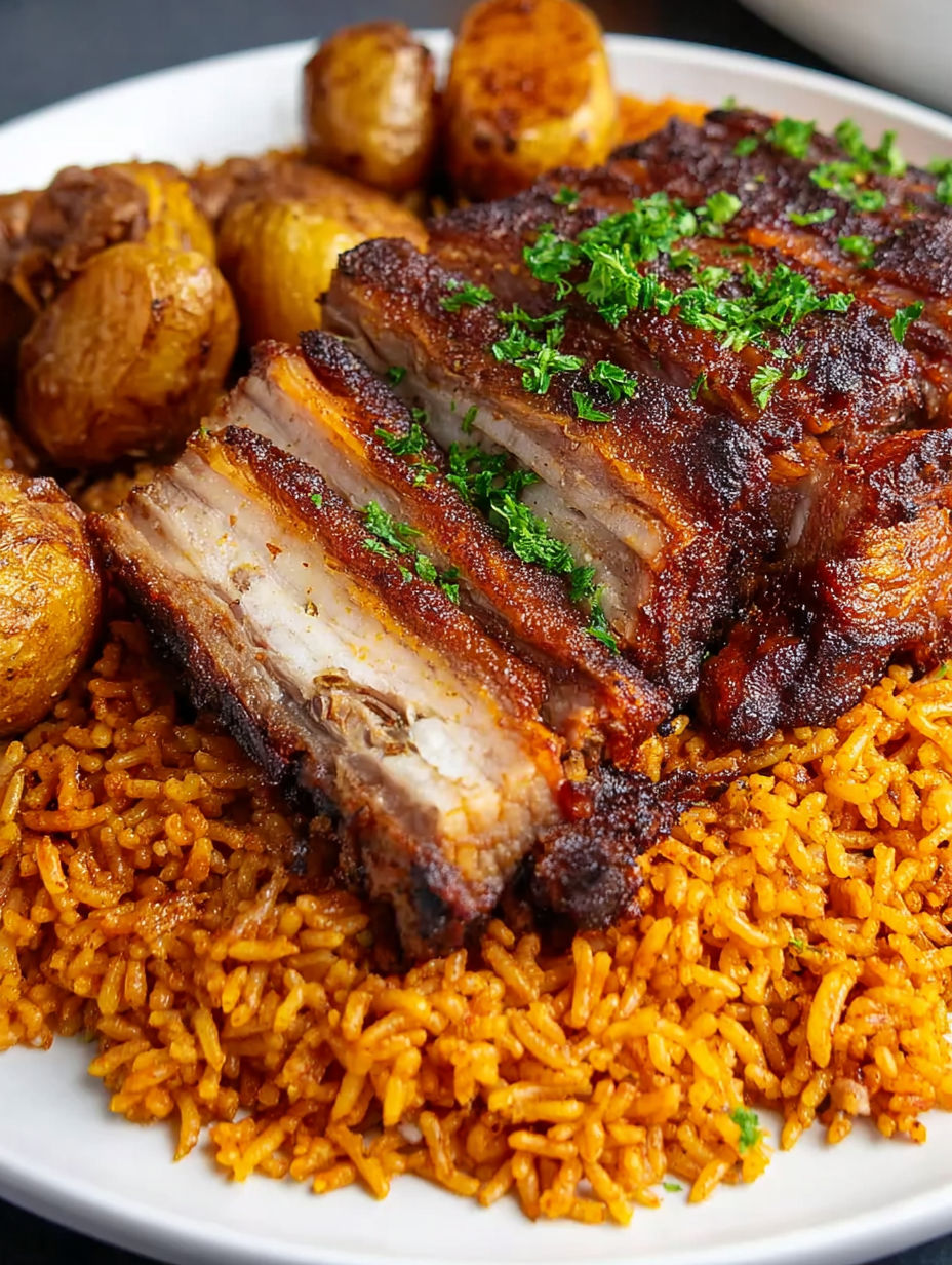 A plate of Puerto Rican roast pork with rice and potatoes.