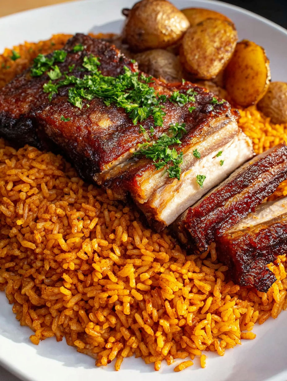 A plate of Puerto Rican roast pork with rice and potatoes.