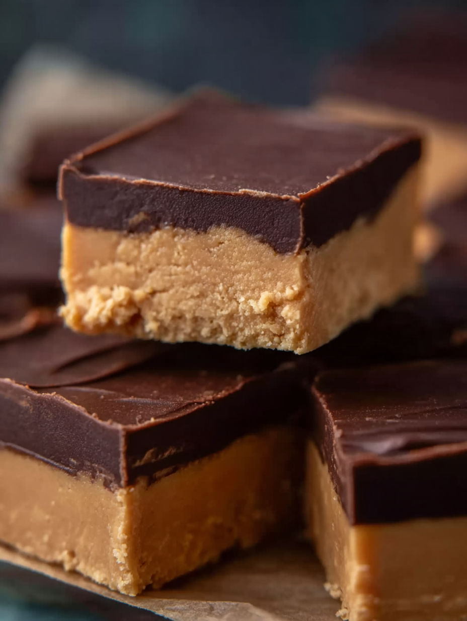 A close up of a chocolate bar with a peanut butter filling.