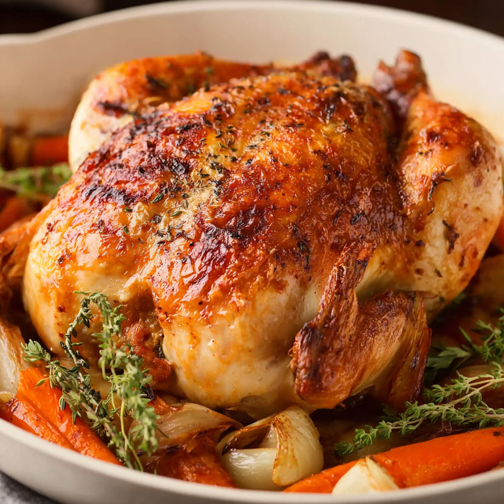 A whole roasted chicken with vegetables.