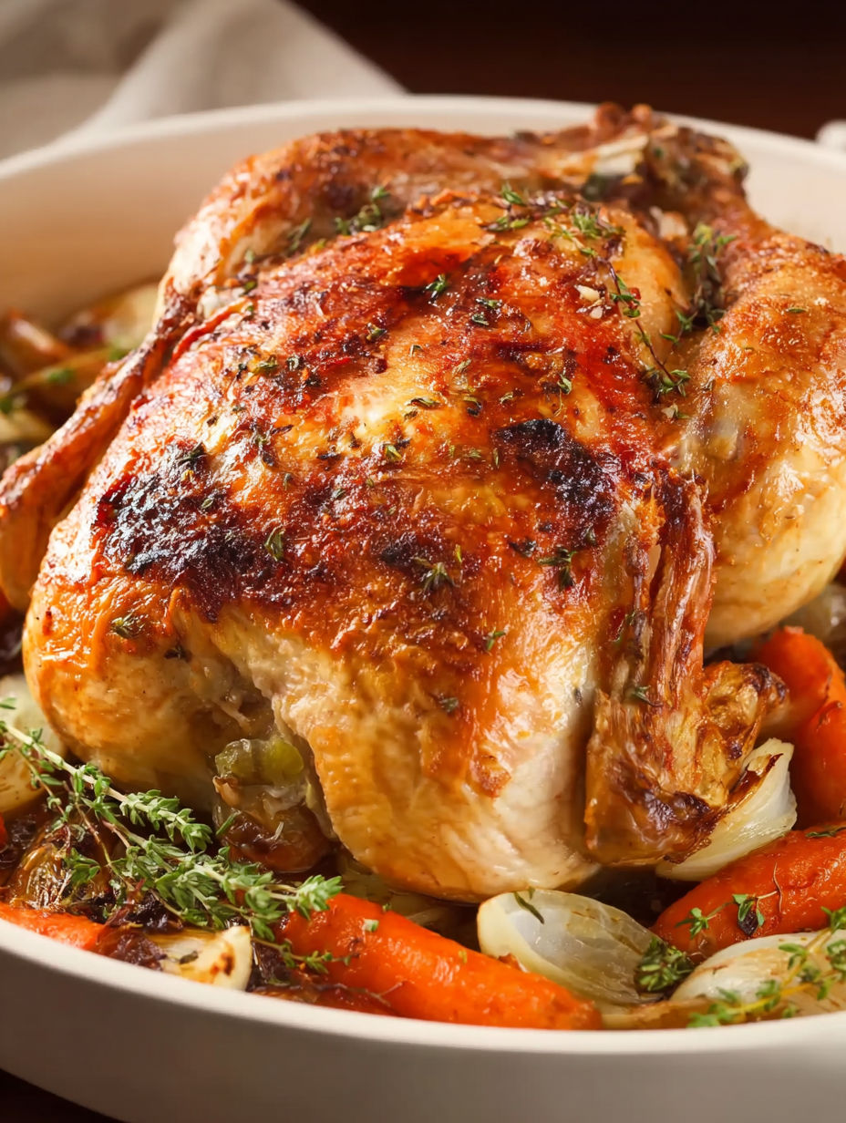 A whole roasted chicken with herbs and spices.