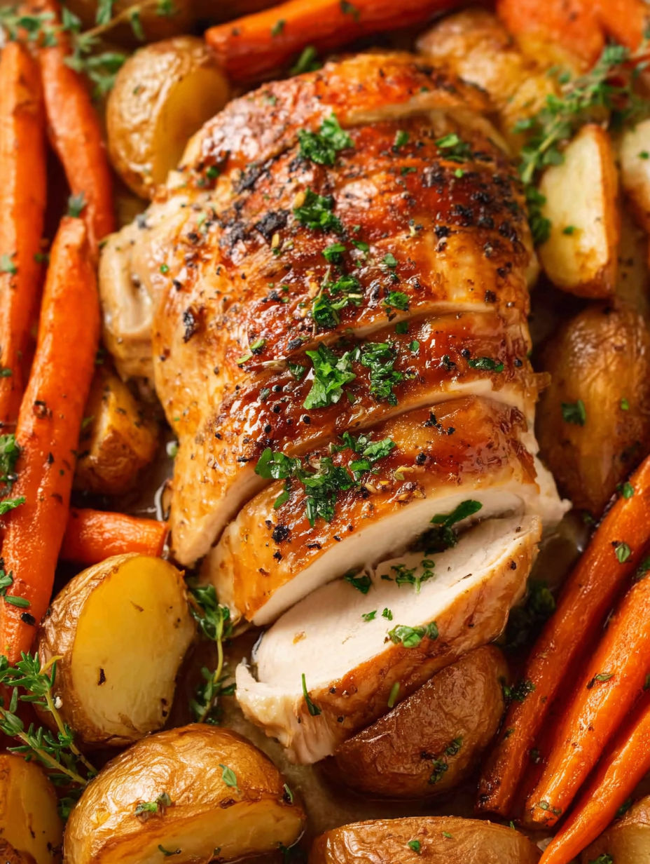 A whole roasted chicken with potatoes and carrots.