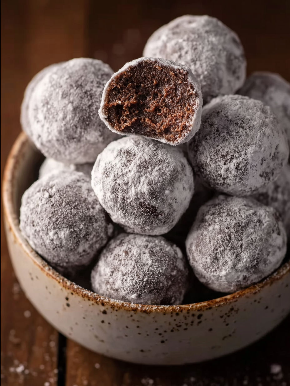 A bowl of chocolate snowball cookies.