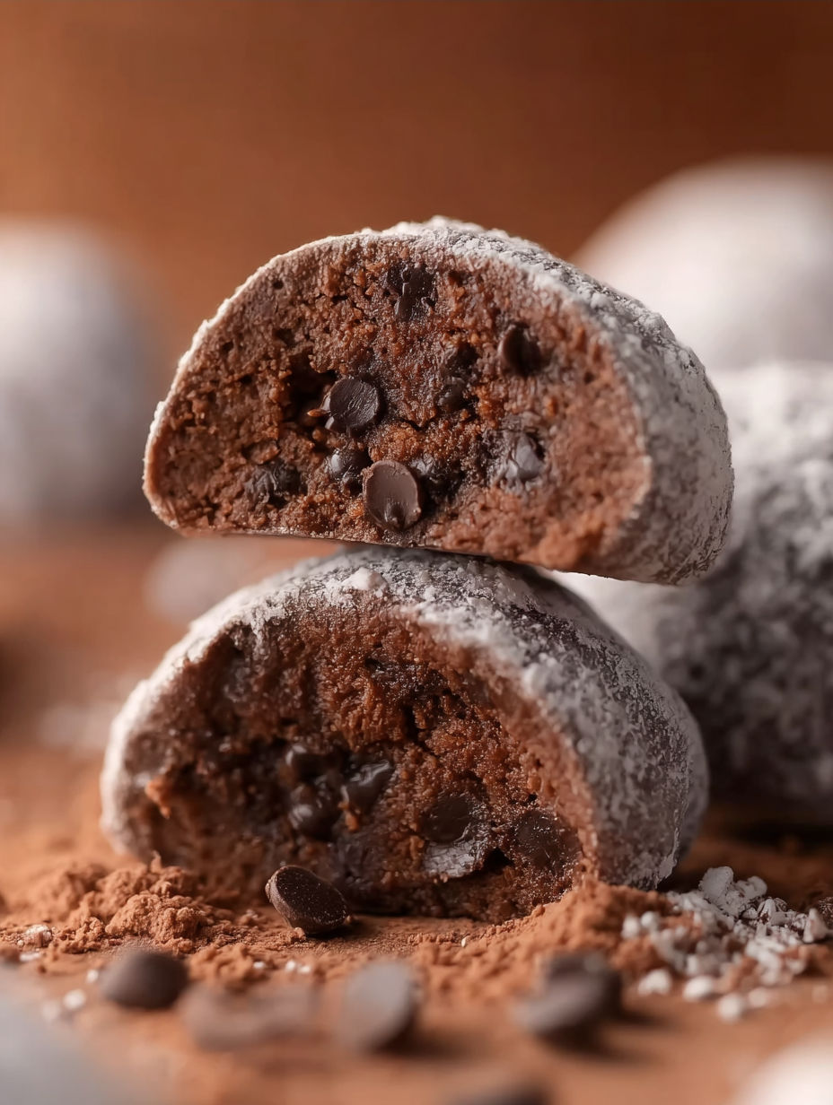 Chocolate snowball cookies on a table.
