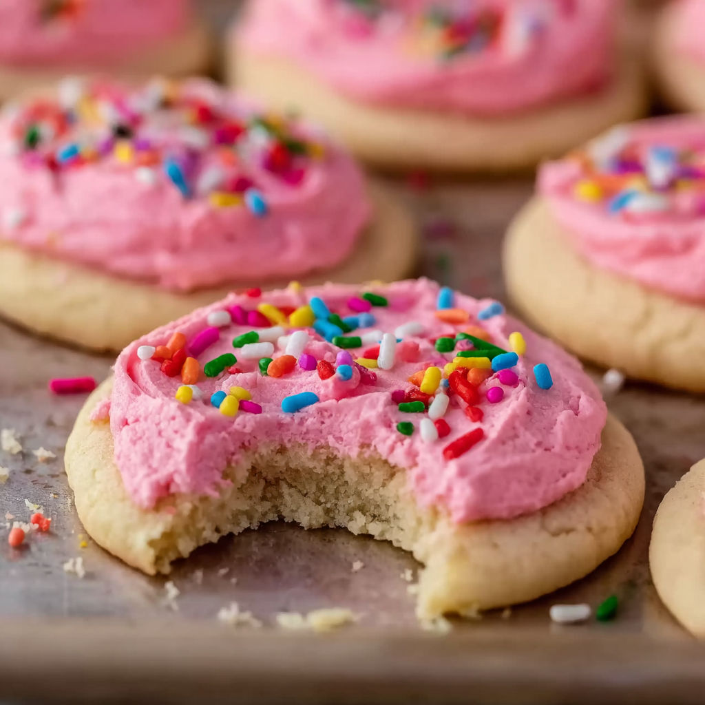A cookie with pink frosting and sprinkles.