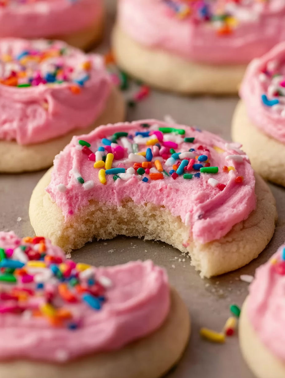 A close up of a pink frosted cookie with sprinkles.