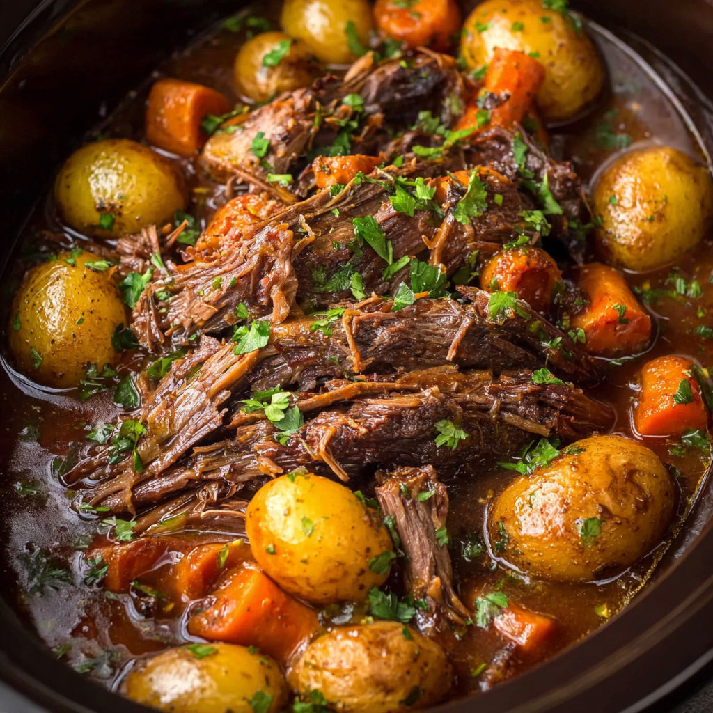 A pot roast in a crock pot with potatoes and carrots.