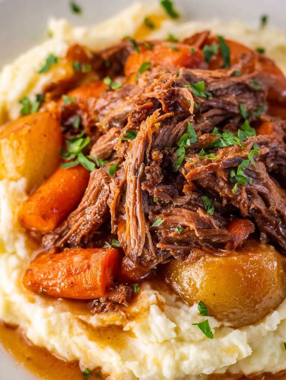 A delicious looking pot roast with carrots and potatoes.