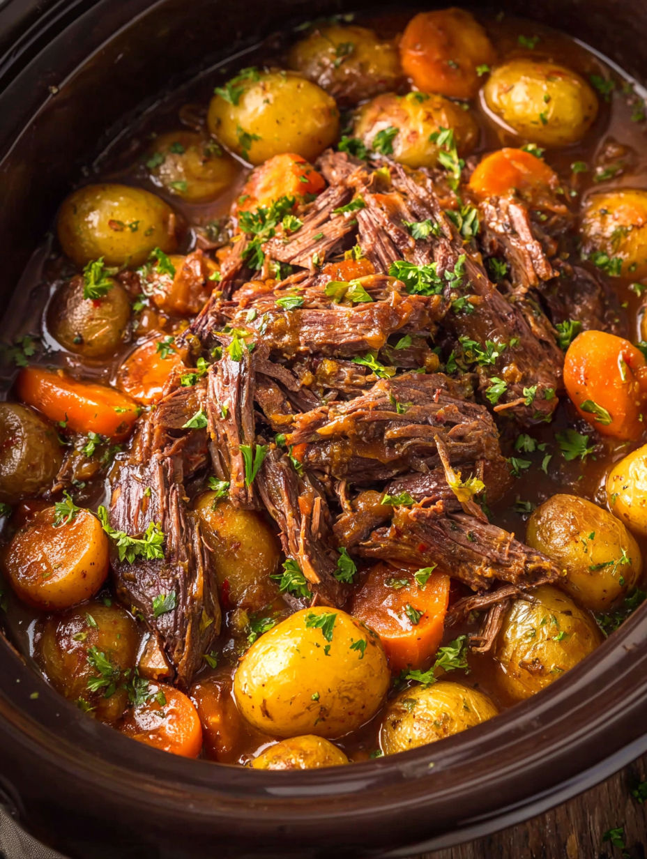 A pot roast in a crock pot with potatoes and carrots.