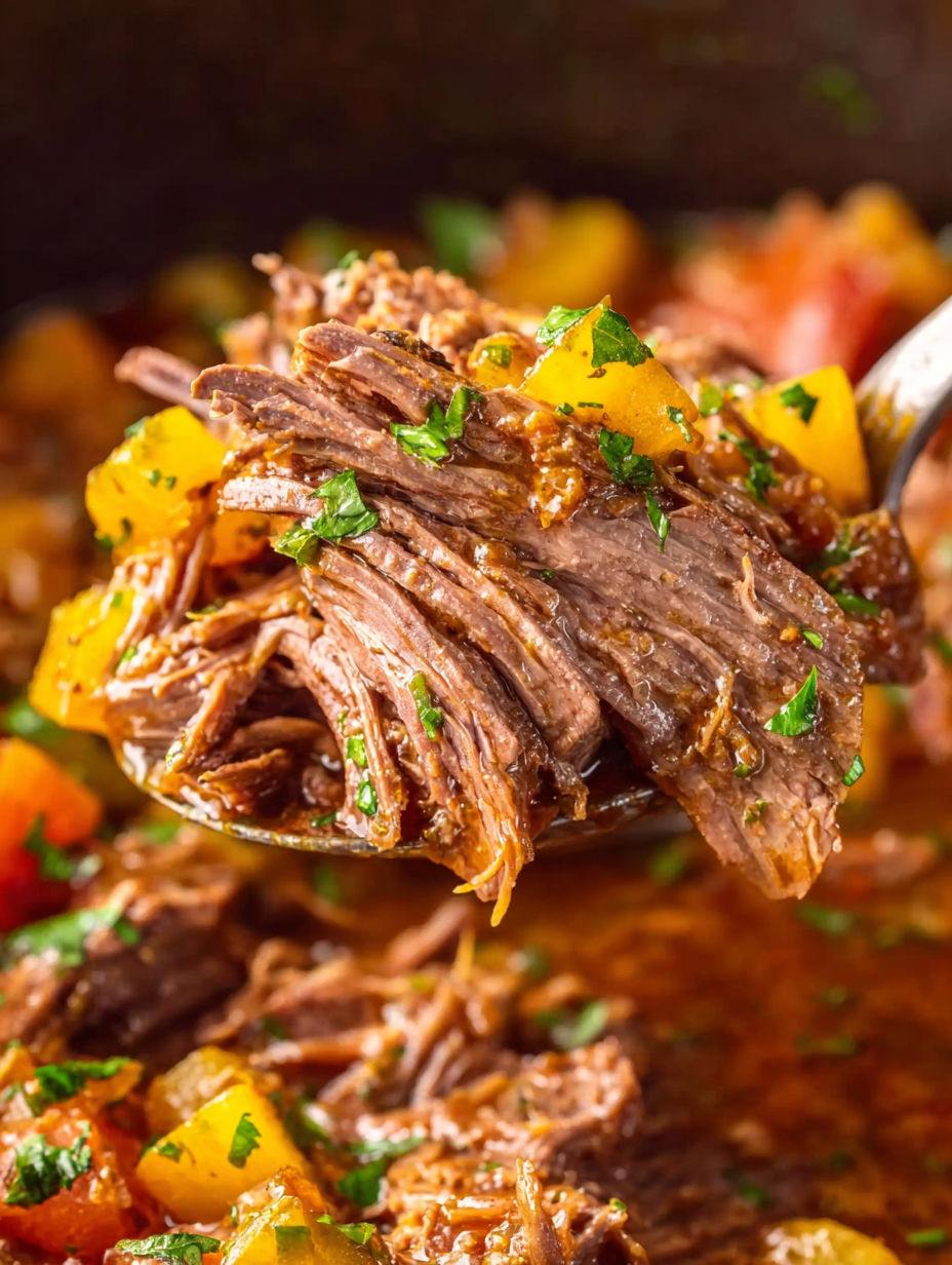 A spoon is in a pot of beef.