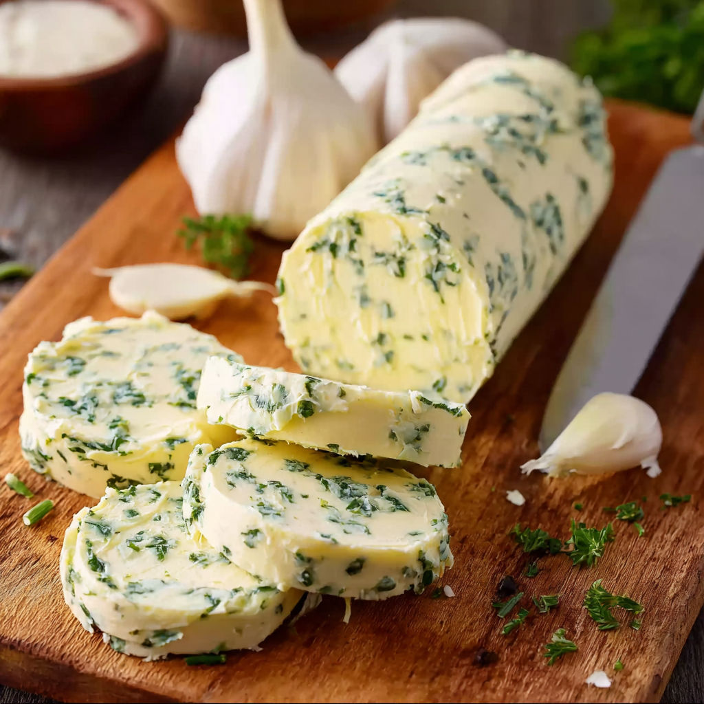 A wooden cutting board with a piece of garlic herb butter.