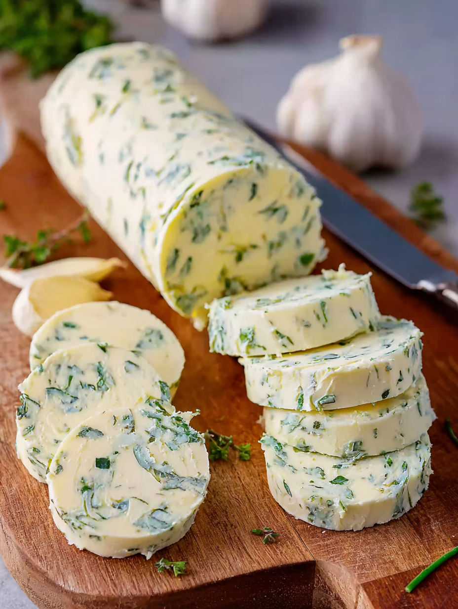 A wooden cutting board with a knife and a block of garlic herb butter.