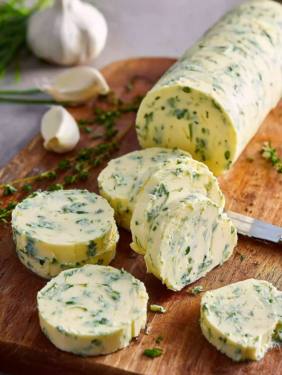 A wooden cutting board with slices of garlic herb butter.