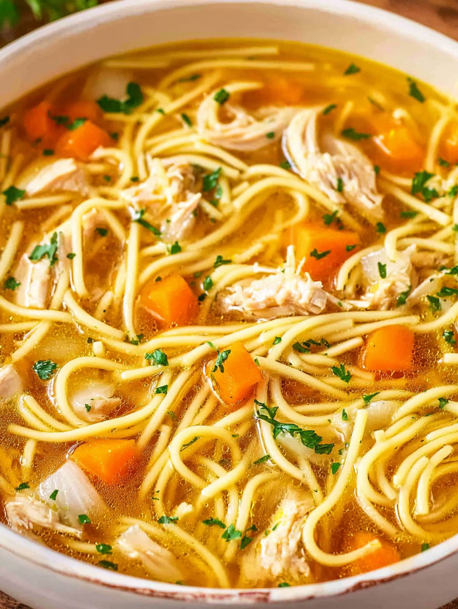 A bowl of soup with chicken and noodles.