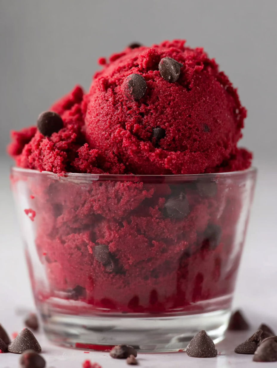 A glass bowl filled with red velvet ice cream.