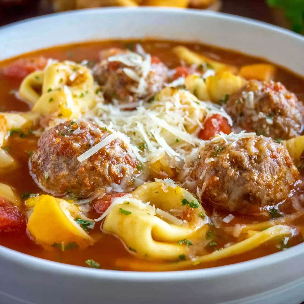 A bowl of meatball and tortellini soup.
