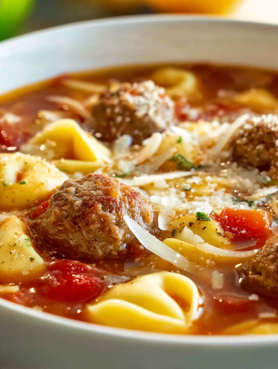 A bowl of soup with meatballs and tortellini.