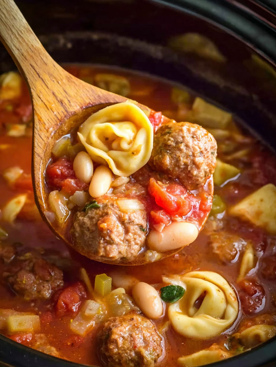 A wooden spoon is in a crock pot filled with meatballs and tortellini.