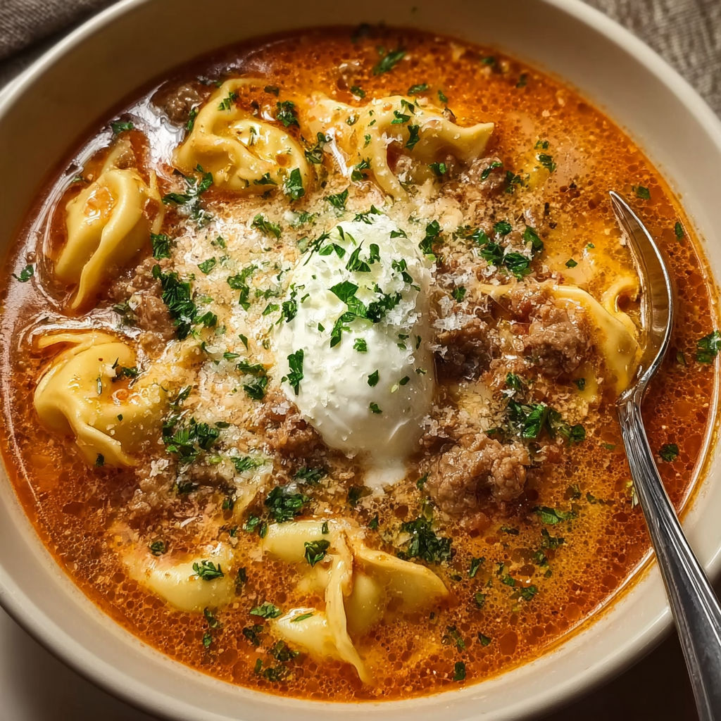 A bowl of meatball and tortellini soup.