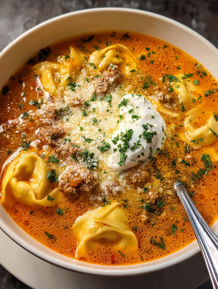 A bowl of soup with meatballs and tortellini.