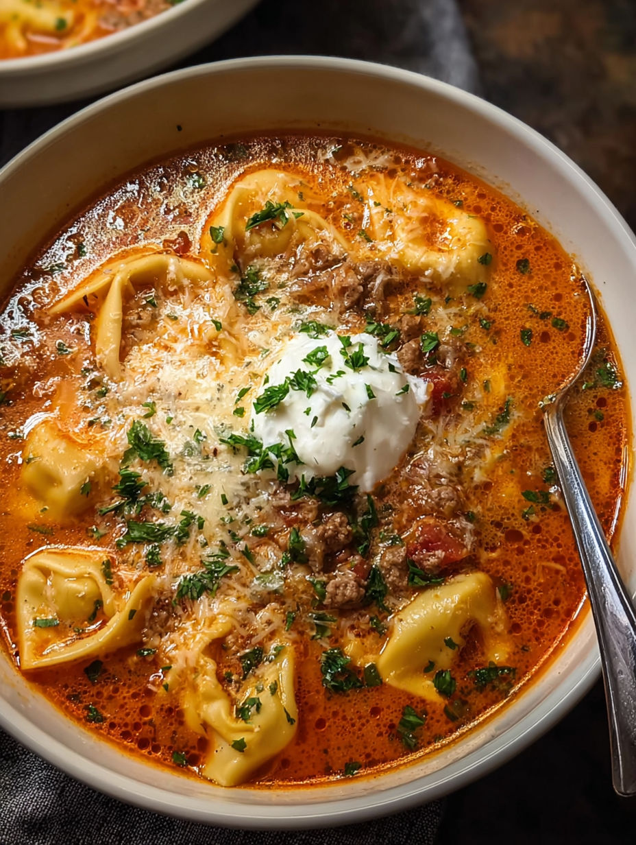 A bowl of soup with meatballs and tortellini.