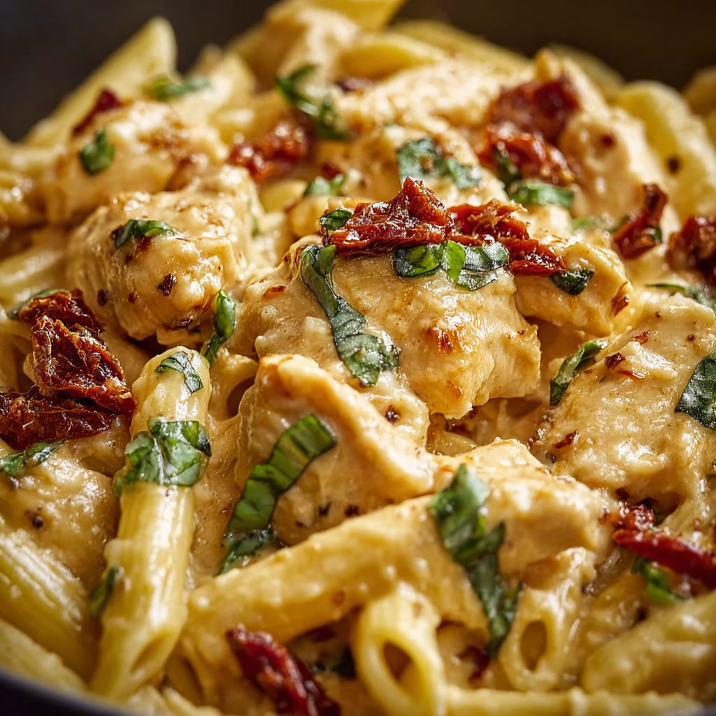 A bowl of creamy chicken penne pasta.