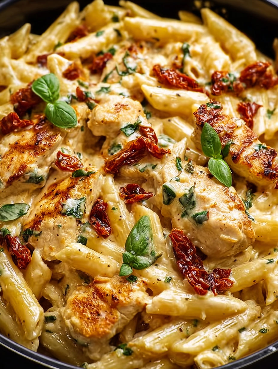 A creamy chicken penne pasta dish.