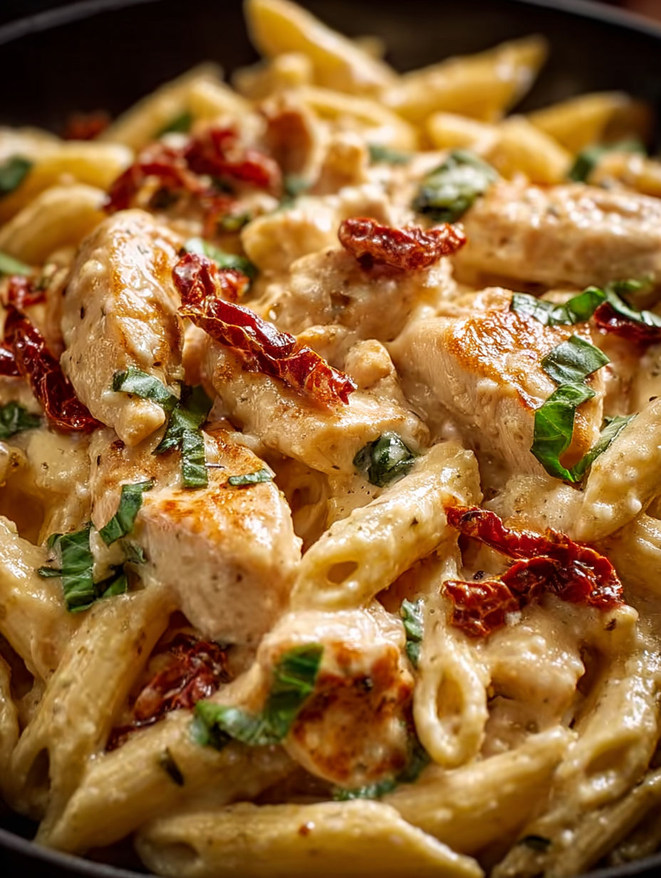 A plate of creamy chicken penne pasta.