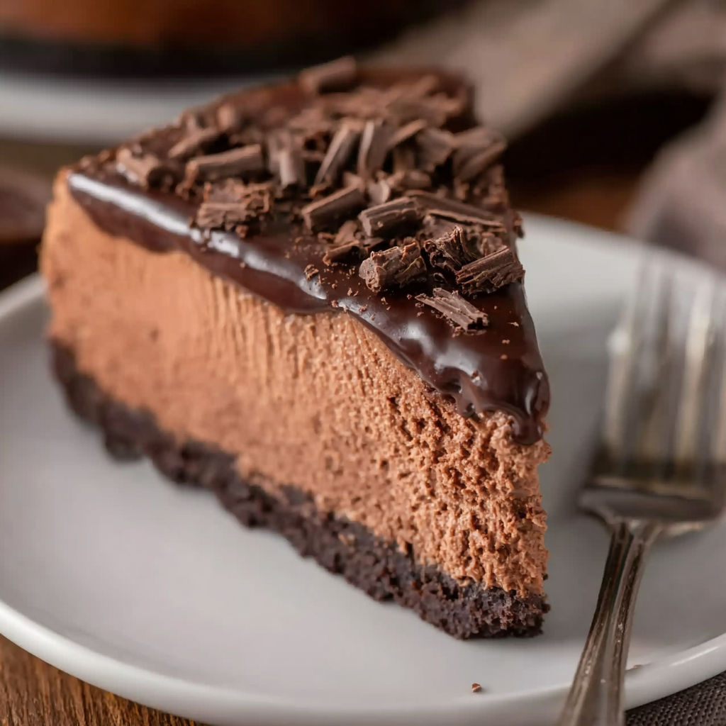 A slice of chocolate cheesecake on a plate.