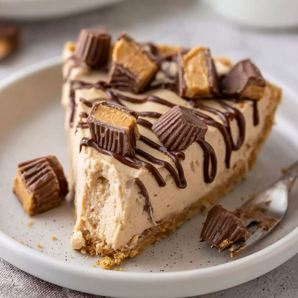 A slice of peanut butter pie with chocolate drizzle.