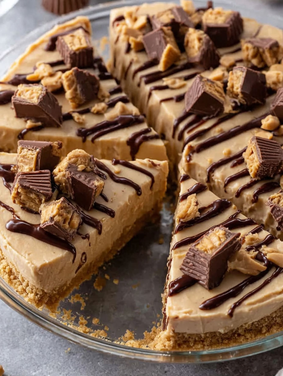 A slice of peanut butter pie with chocolate drizzle.