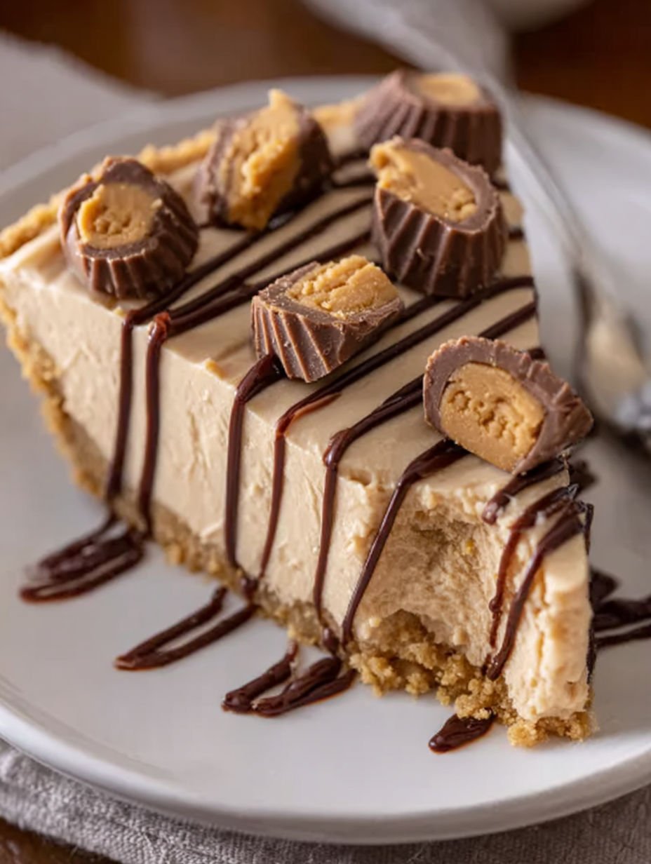 A slice of pie with chocolate drizzled on top.