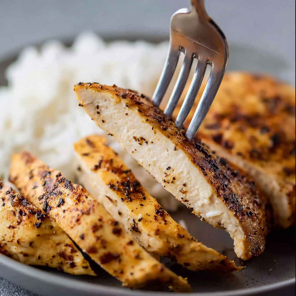 A fork is stuck in a piece of chicken.