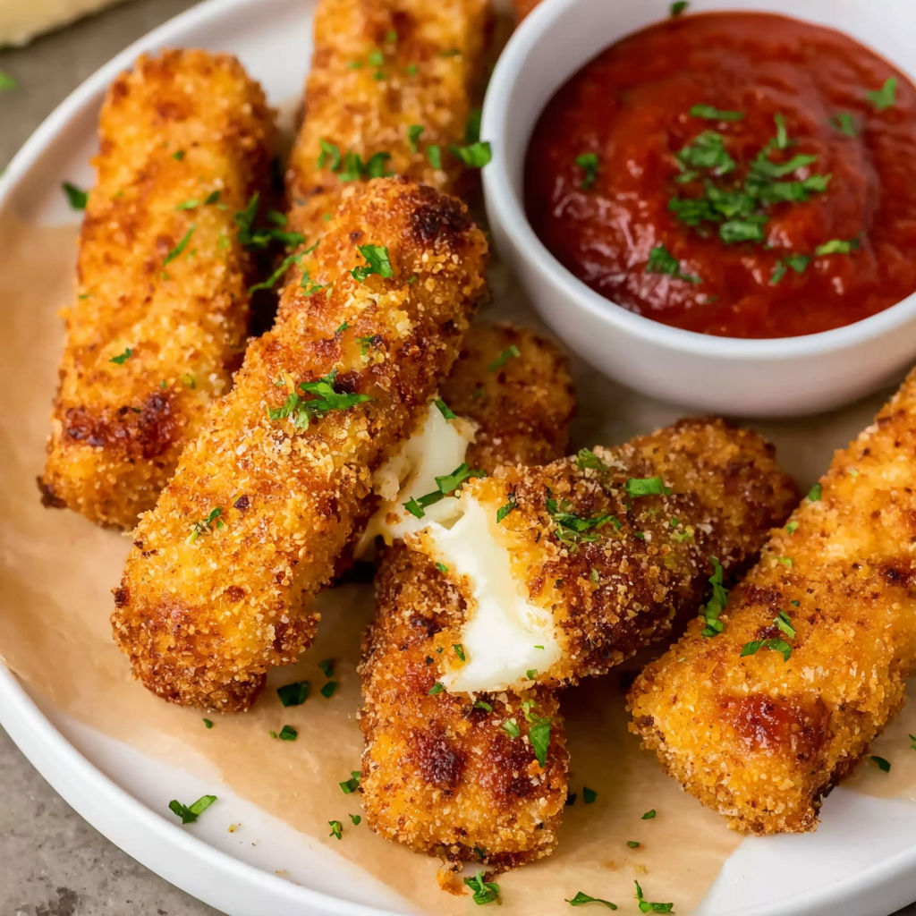 Mozzarella sticks in a bowl with a side of marinara sauce.